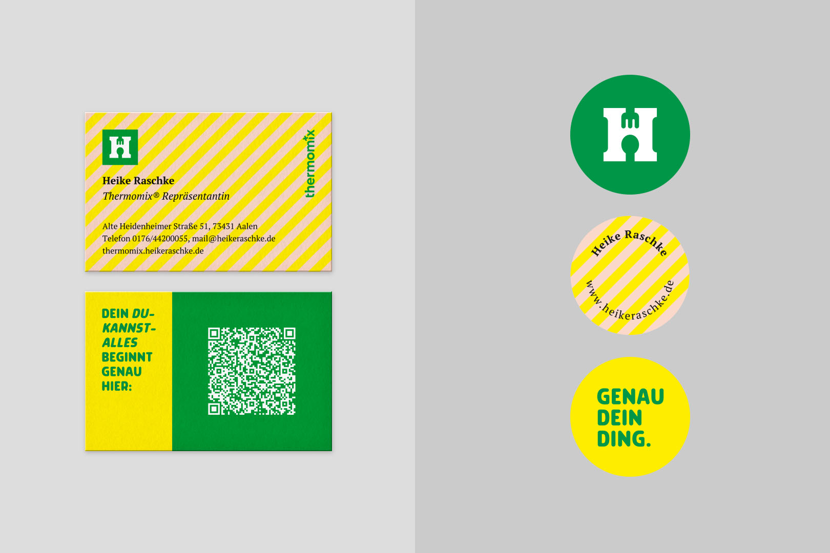 Entwicklung und Anwendung der eigenständigen visuellen Markenidentität der Thermomix-Repräsentantin, Visitenkarte und Brand Sticker